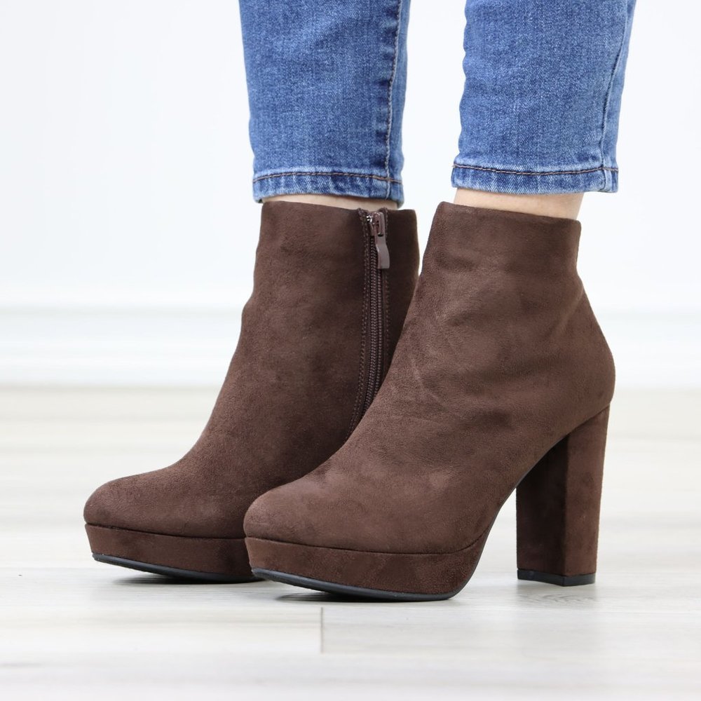 Brown Platform Suede Ankle Booties Block Heeled Boots - Picture 12 of 12